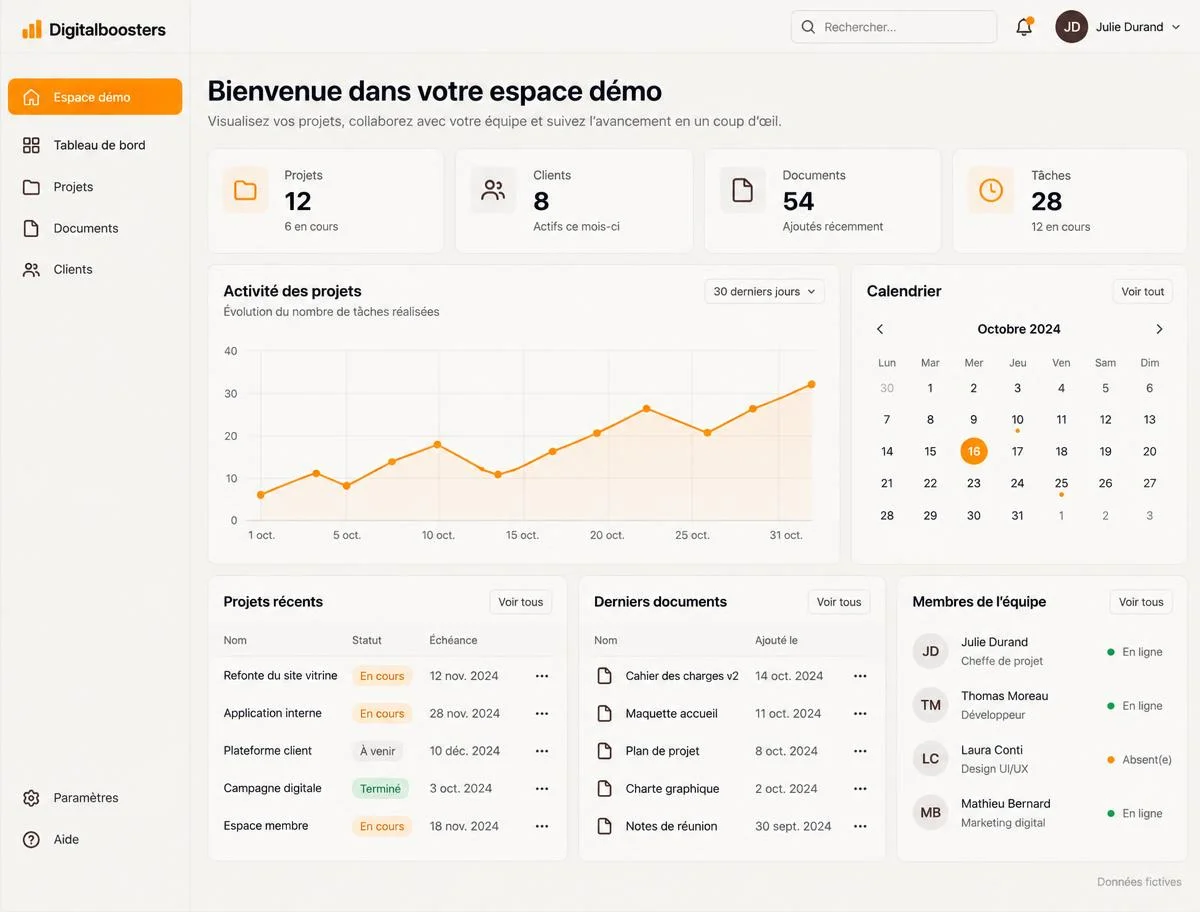 Illustration d'une plateforme SaaS avec navigation et tableau de bord ; données fictives